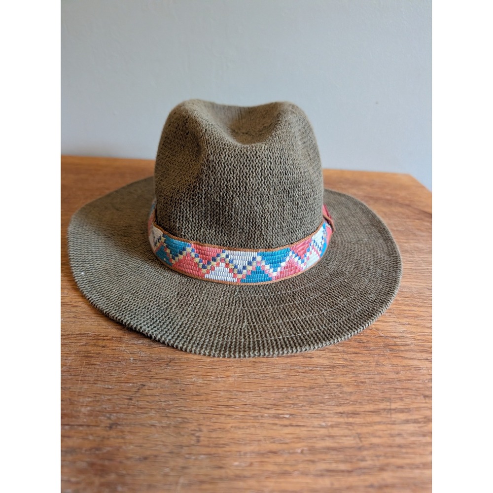 Prana Hemp Organic Cotton Knit Fedora Hat Olive Green Geometric Band Size M/L